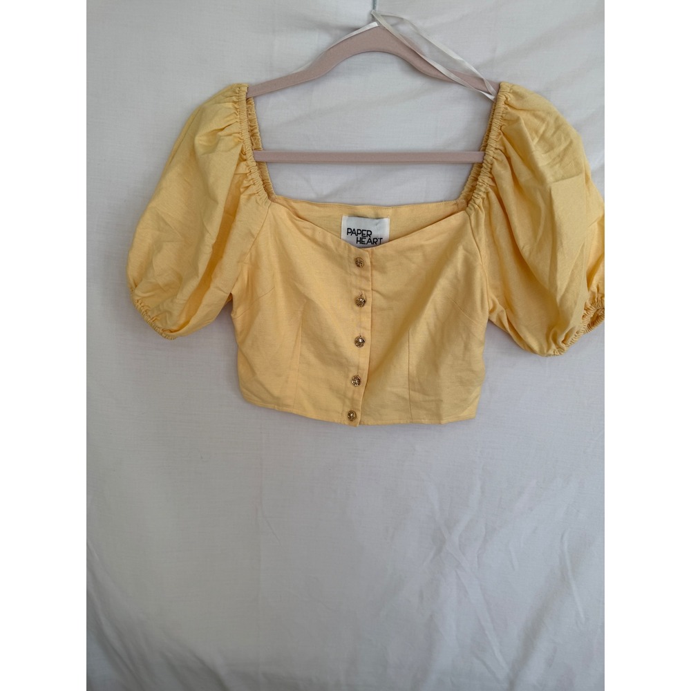 Paper Heart Lemon Yellow Linen Blend Puff Sleeve Crop Top Gold Buttons Small